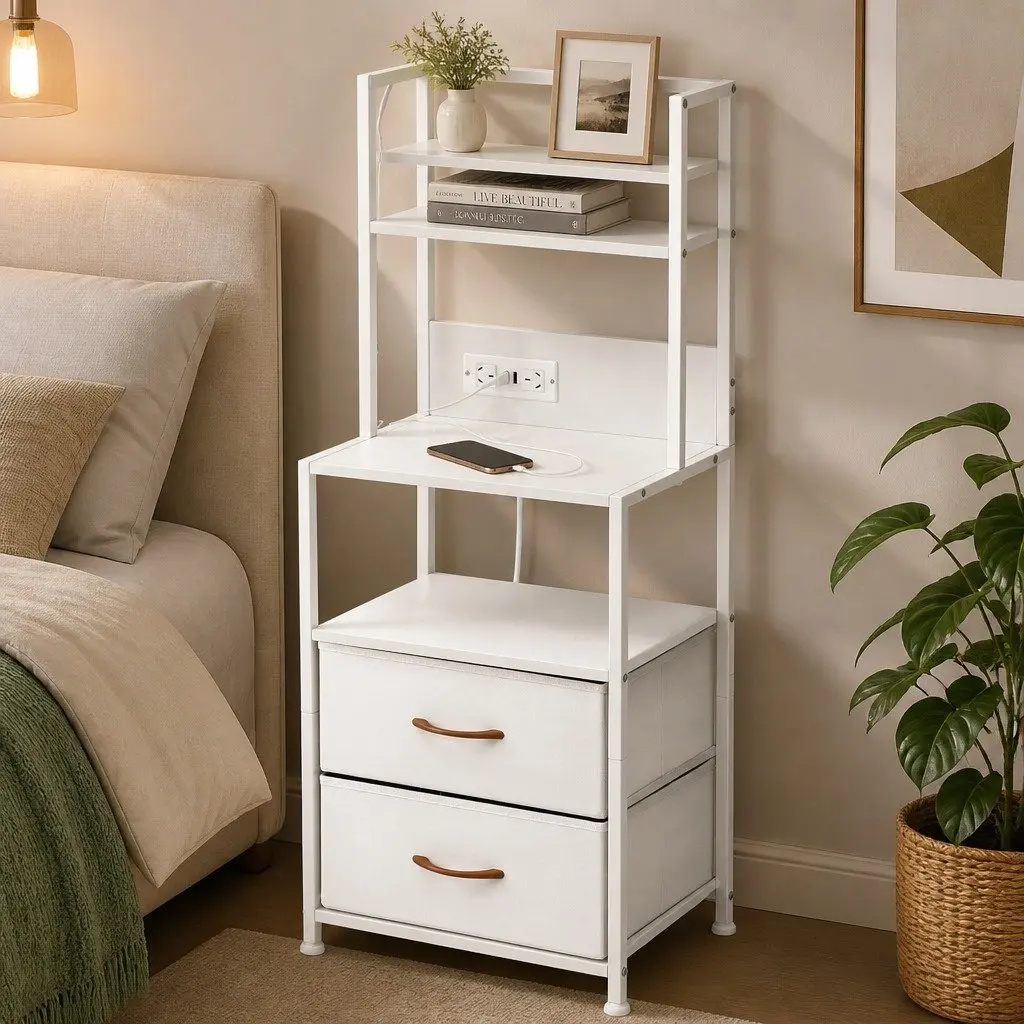 Bedside Table MDF White 2 Drawer with Charging Station LED Lighting