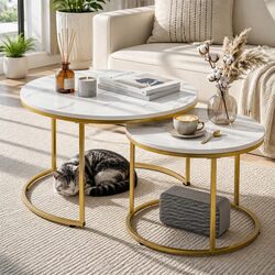 Round White Gold Nesting Coffee Tables Set of 2