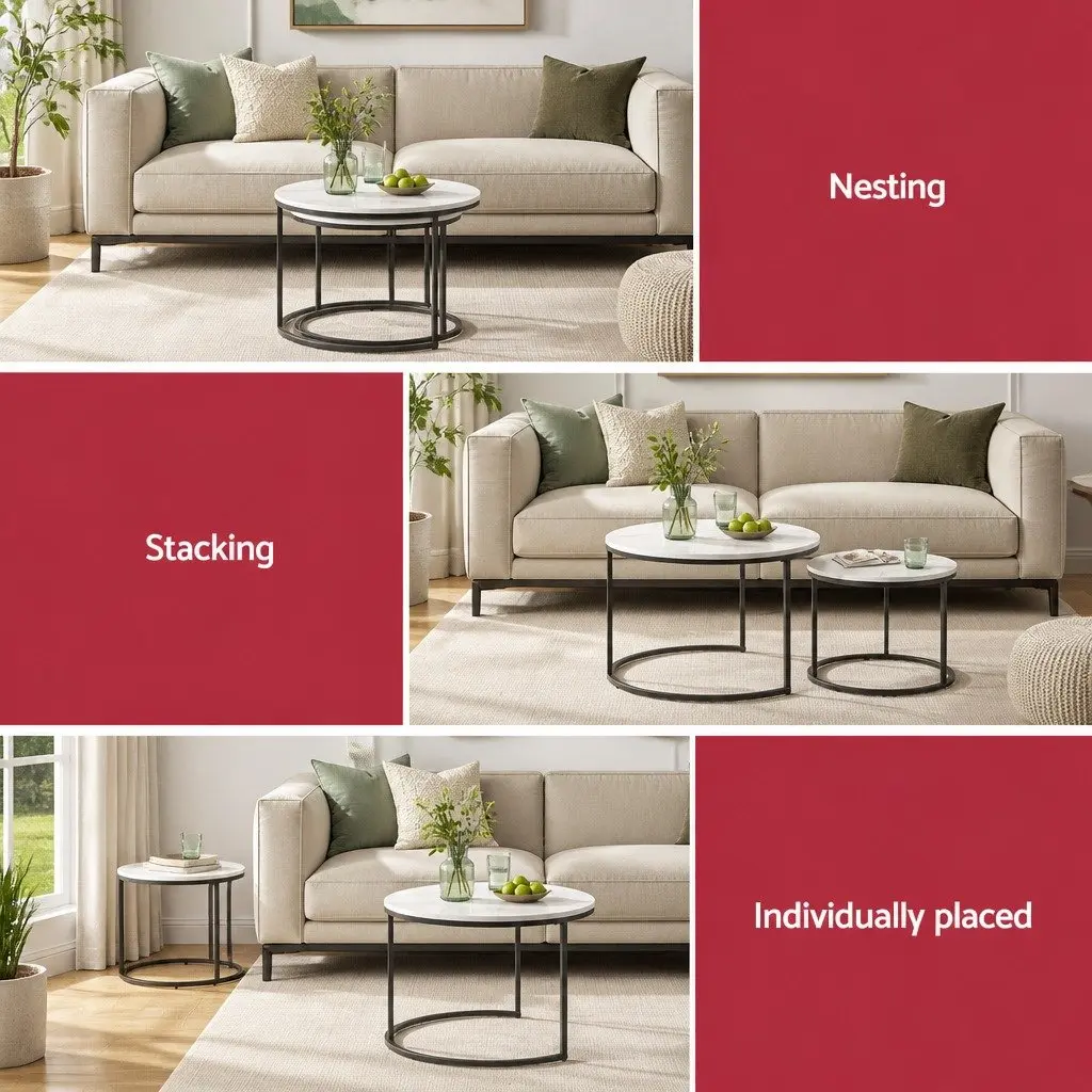Nesting Coffee Table Set of 2 Marble Effect E1 MDF Metal Frame White Black