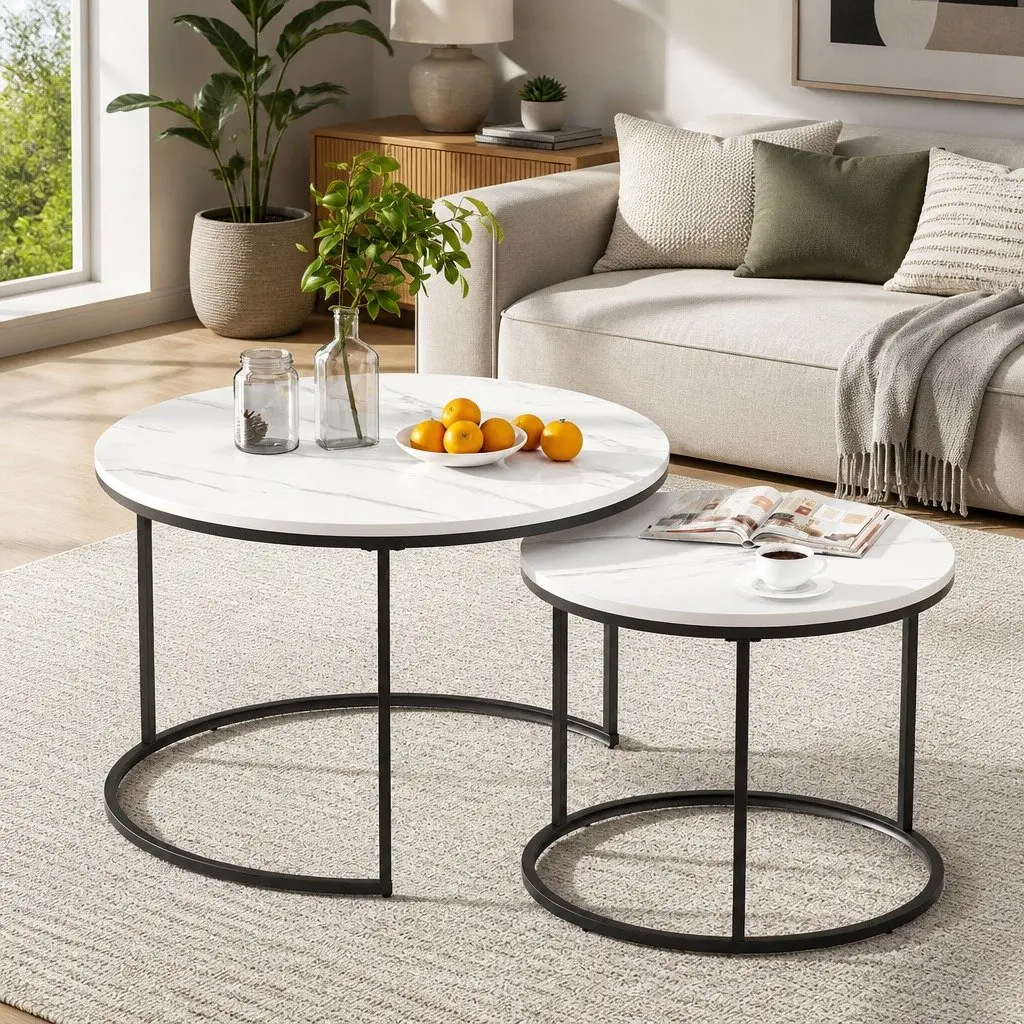 Nesting Coffee Table Set of 2 Marble Effect E1 MDF Metal Frame White Black