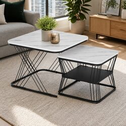 Set of 2 Modern Marble Effect Nesting Coffee Tables