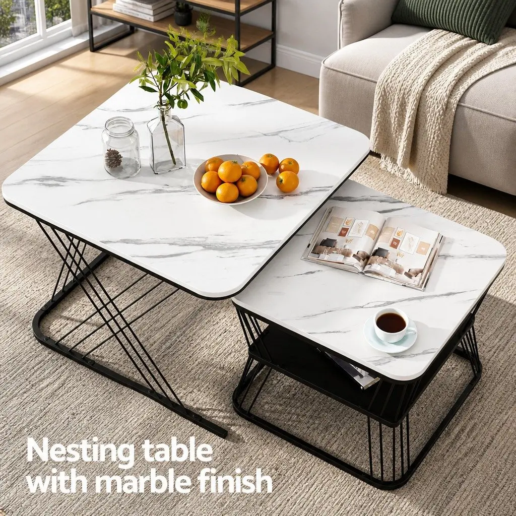 Set of 2 Modern Marble Effect Nesting Coffee Tables