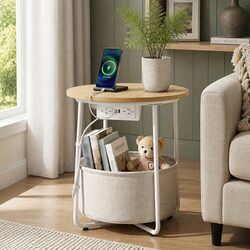 Stylish Round Coffee Table with Charging Station and Storage