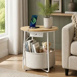 Stylish Round Coffee Table with Charging Station and Storage