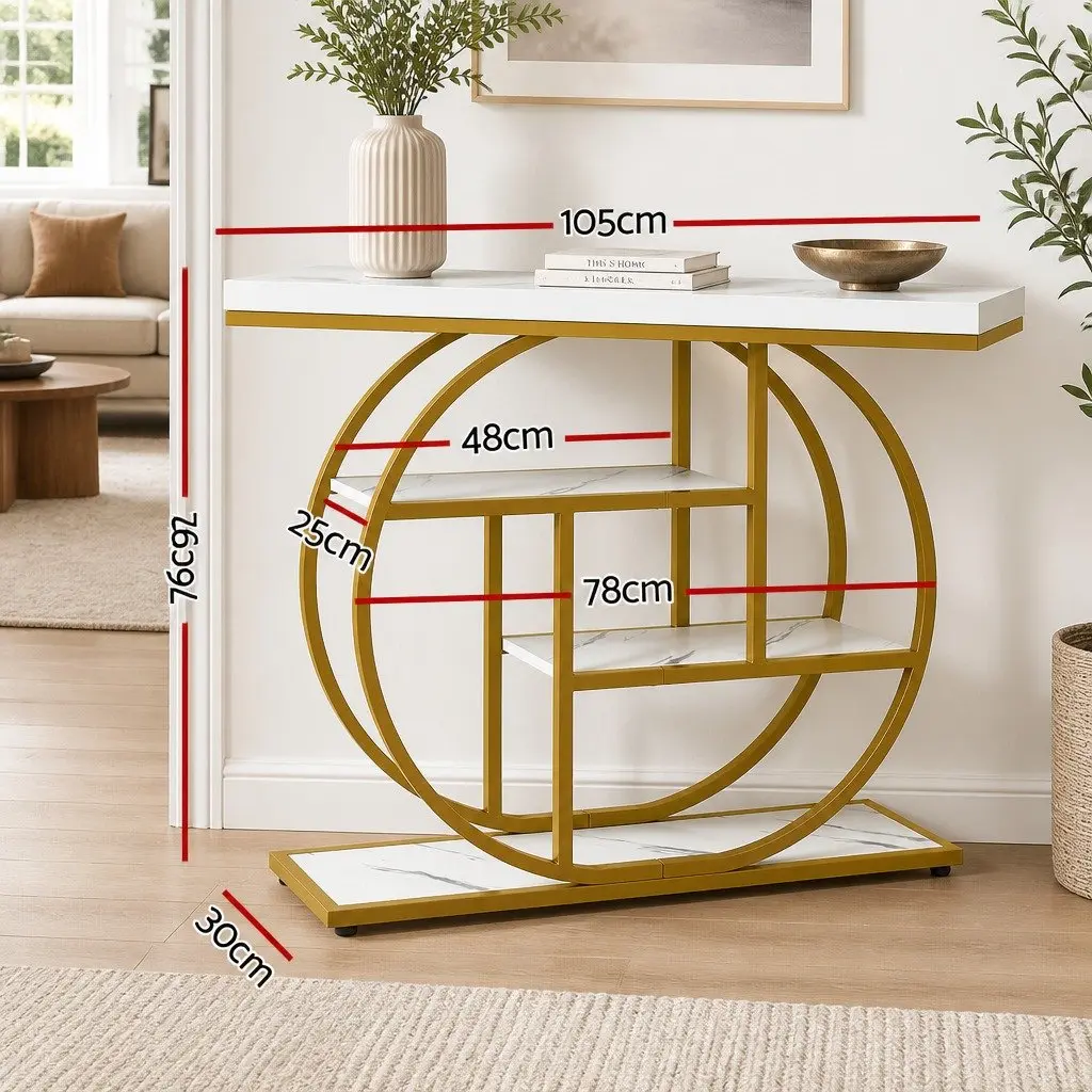 Console Table Particle Board MDF Metal 105cm White Gold 4-Tier Open Shelves