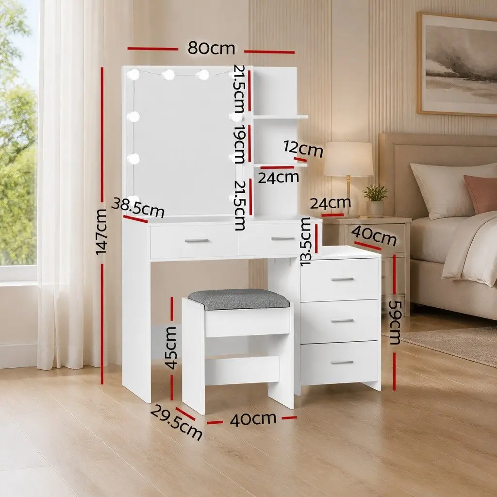 Dressing Table Set Particleboard LED Makeup Mirror White Vanity Stool 9 Piece