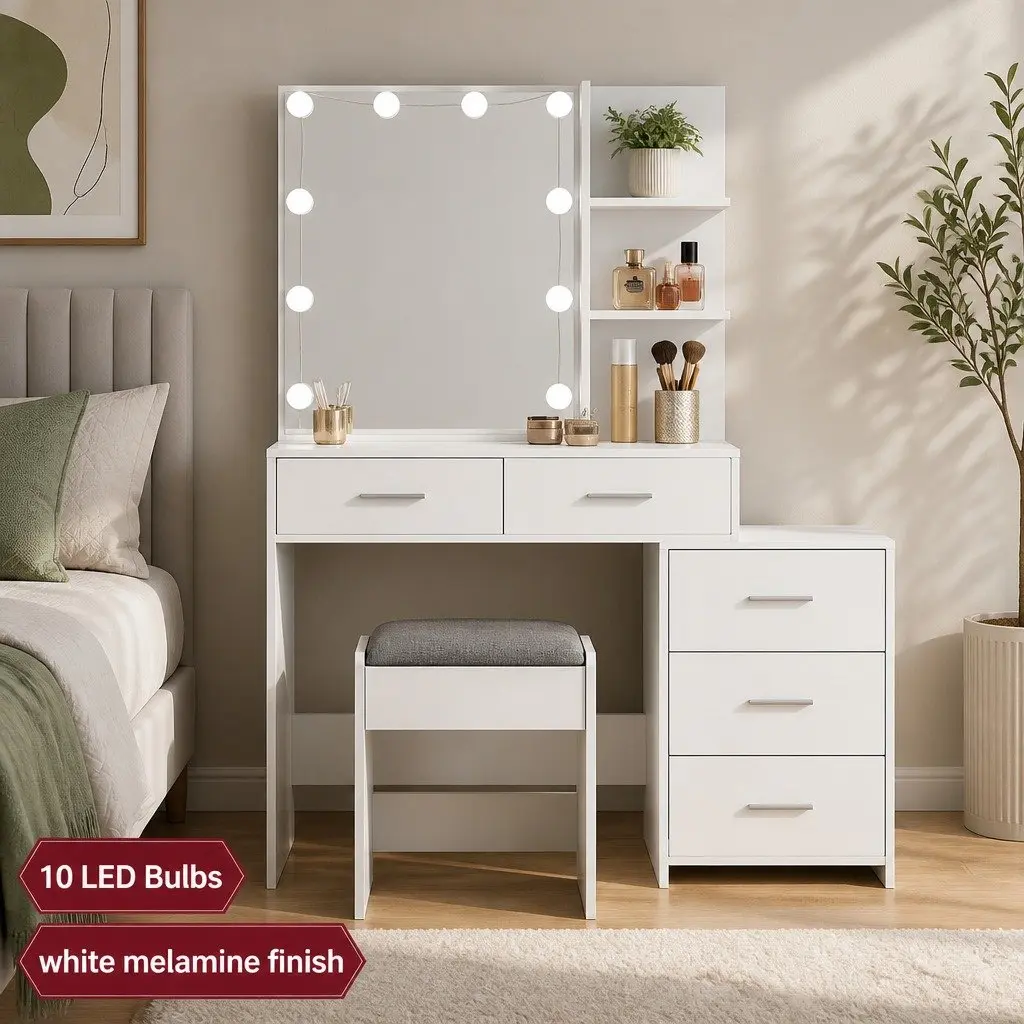 Dressing Table Set Particleboard LED Makeup Mirror White Vanity Stool 9 Piece