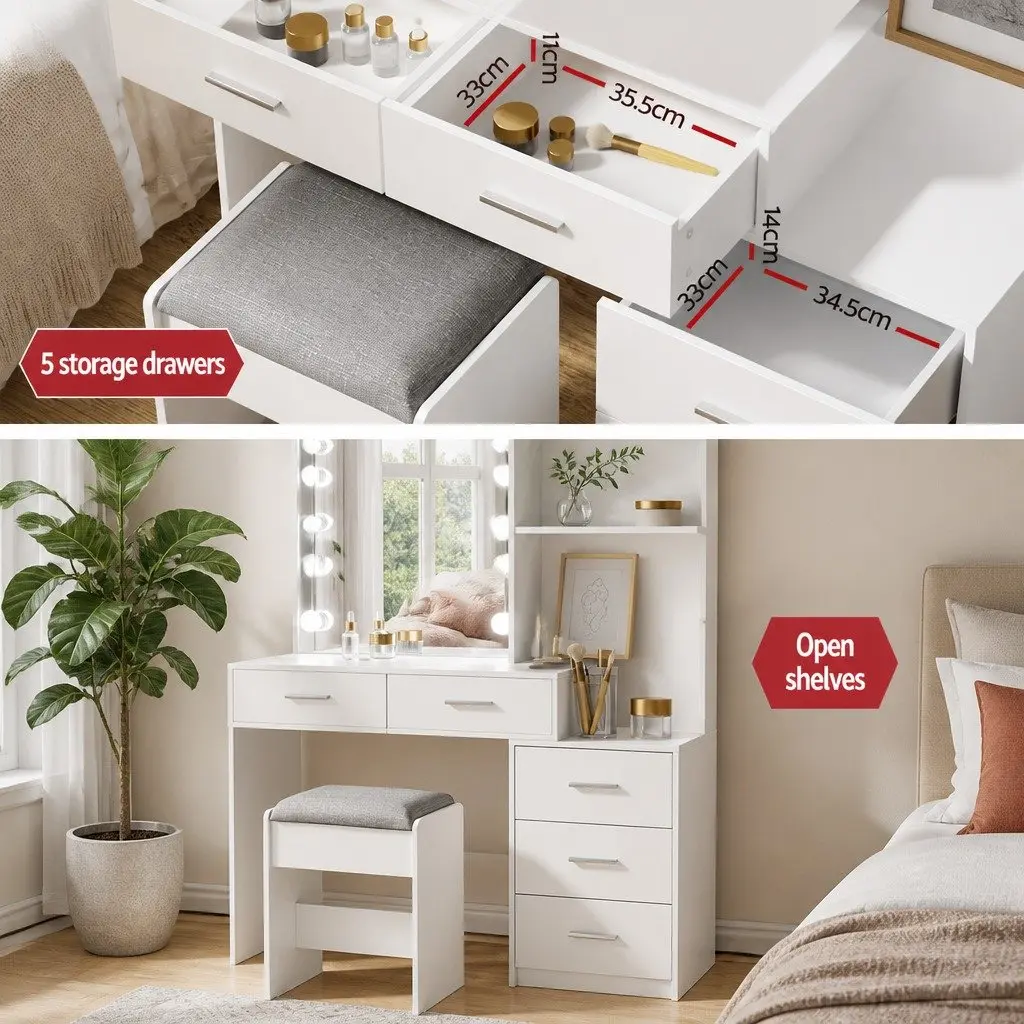 Dressing Table Set Particleboard LED Makeup Mirror White Vanity Stool 9 Piece