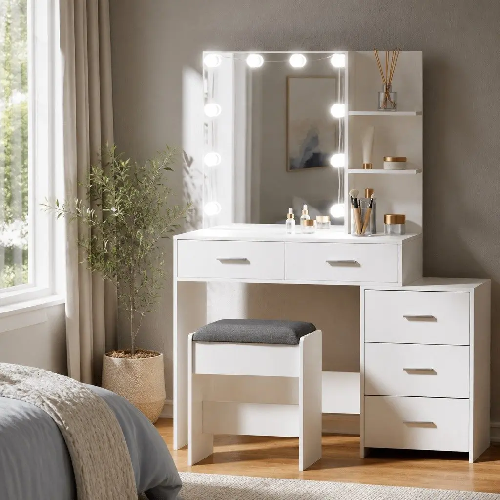 Dressing Table Set Particleboard LED Makeup Mirror White Vanity Stool 9 Piece
