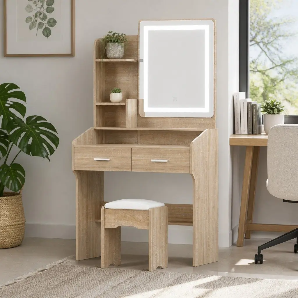 Black Wood Dressing Table Set with LED Mirror