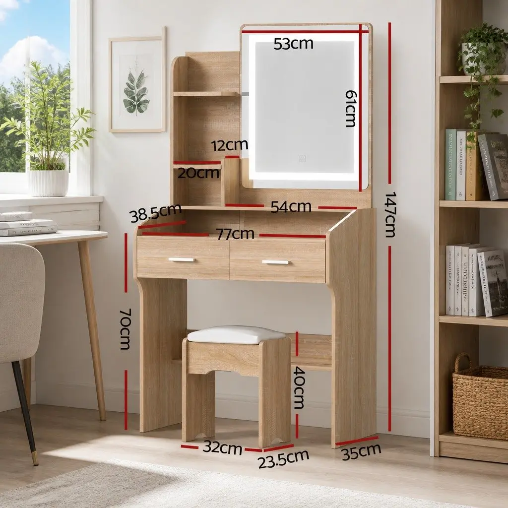 Dressing Table Set MDF Black Wood 77cm x 35cm x 147cm with LED Mirror and Stool