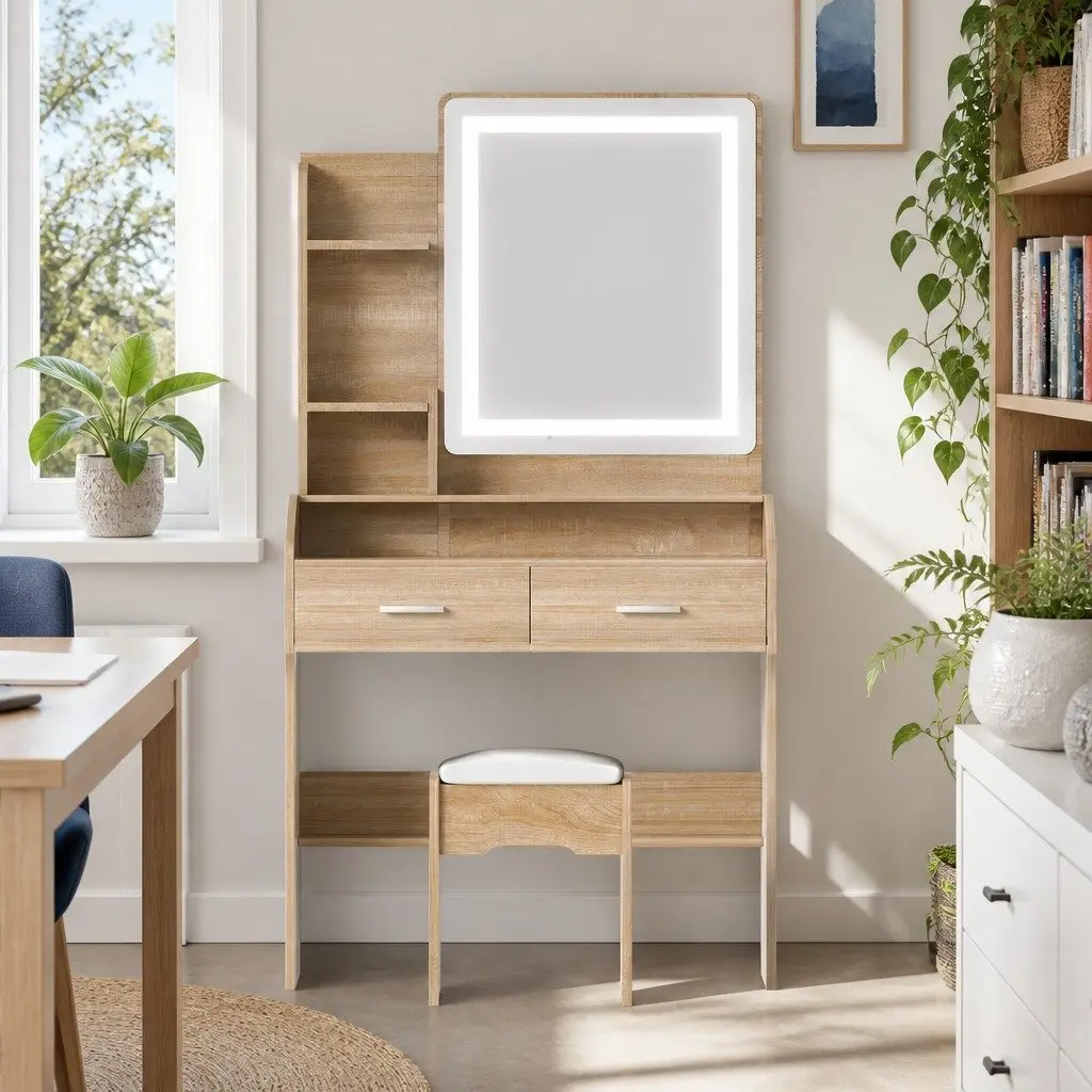 Dressing Table Set MDF Black Wood 77cm x 35cm x 147cm with LED Mirror and Stool