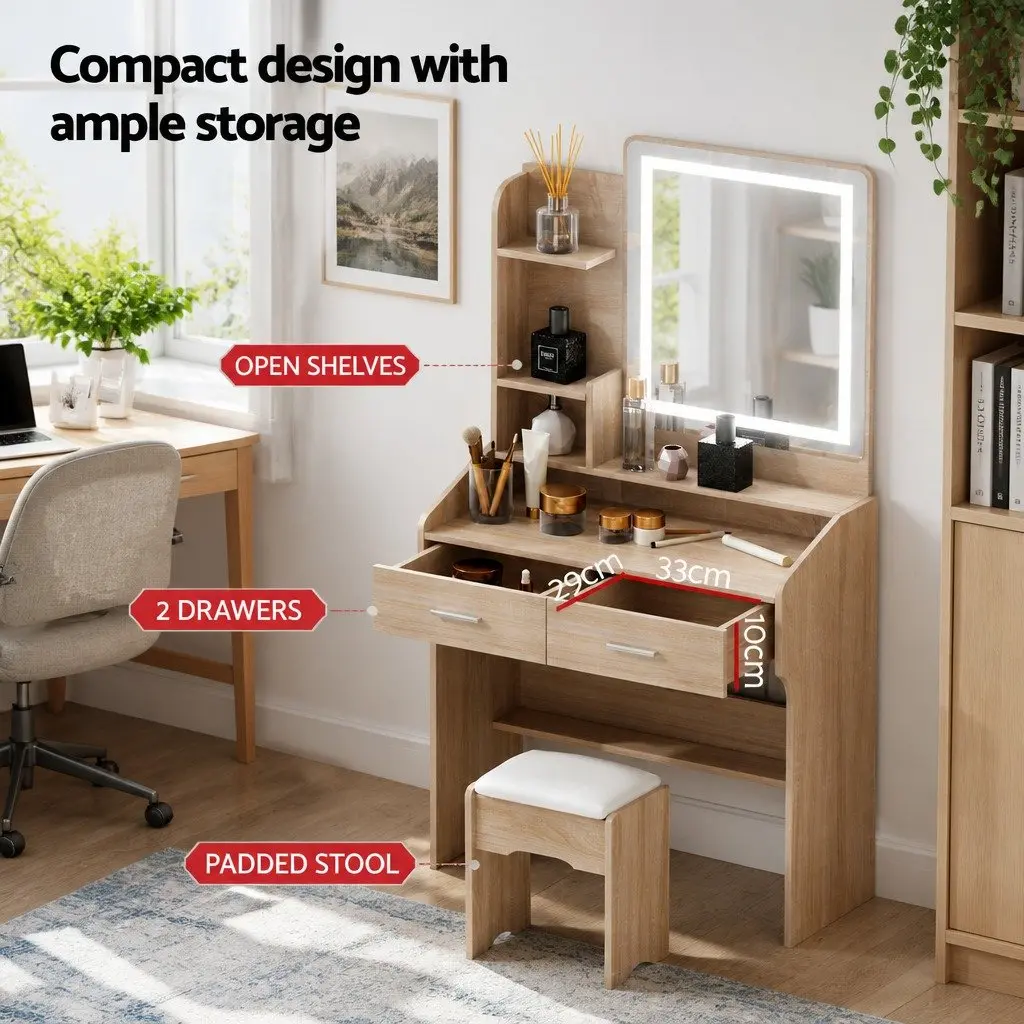 Dressing Table Set MDF Black Wood 77cm x 35cm x 147cm with LED Mirror and Stool
