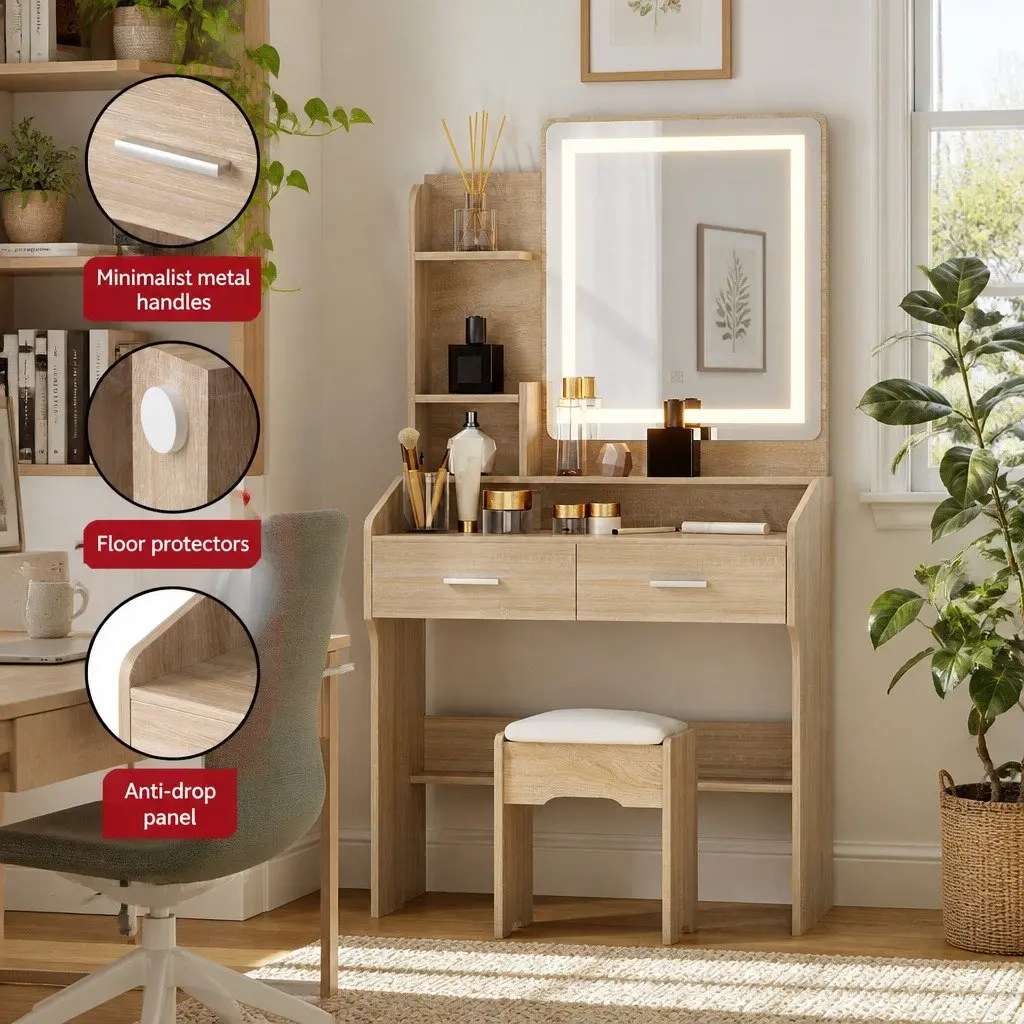 Dressing Table Set MDF Black Wood 77cm x 35cm x 147cm with LED Mirror and Stool