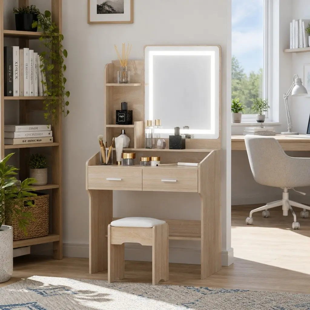 Dressing Table Set MDF Black Wood 77cm x 35cm x 147cm with LED Mirror and Stool