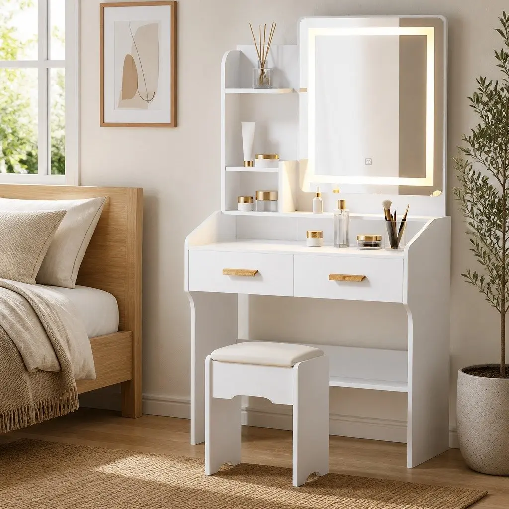 Hollywood LED Makeup Mirror Dressing Table Set in White