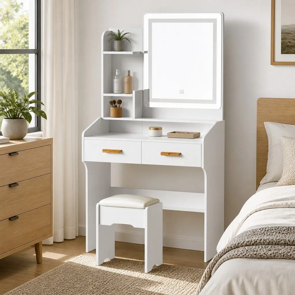 Hollywood LED Makeup Mirror Dressing Table Set in White