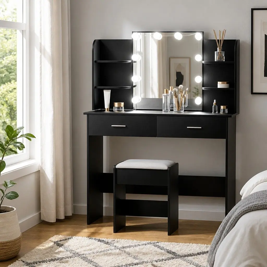 Black Dressing Table Set with LED Mirror and Stool