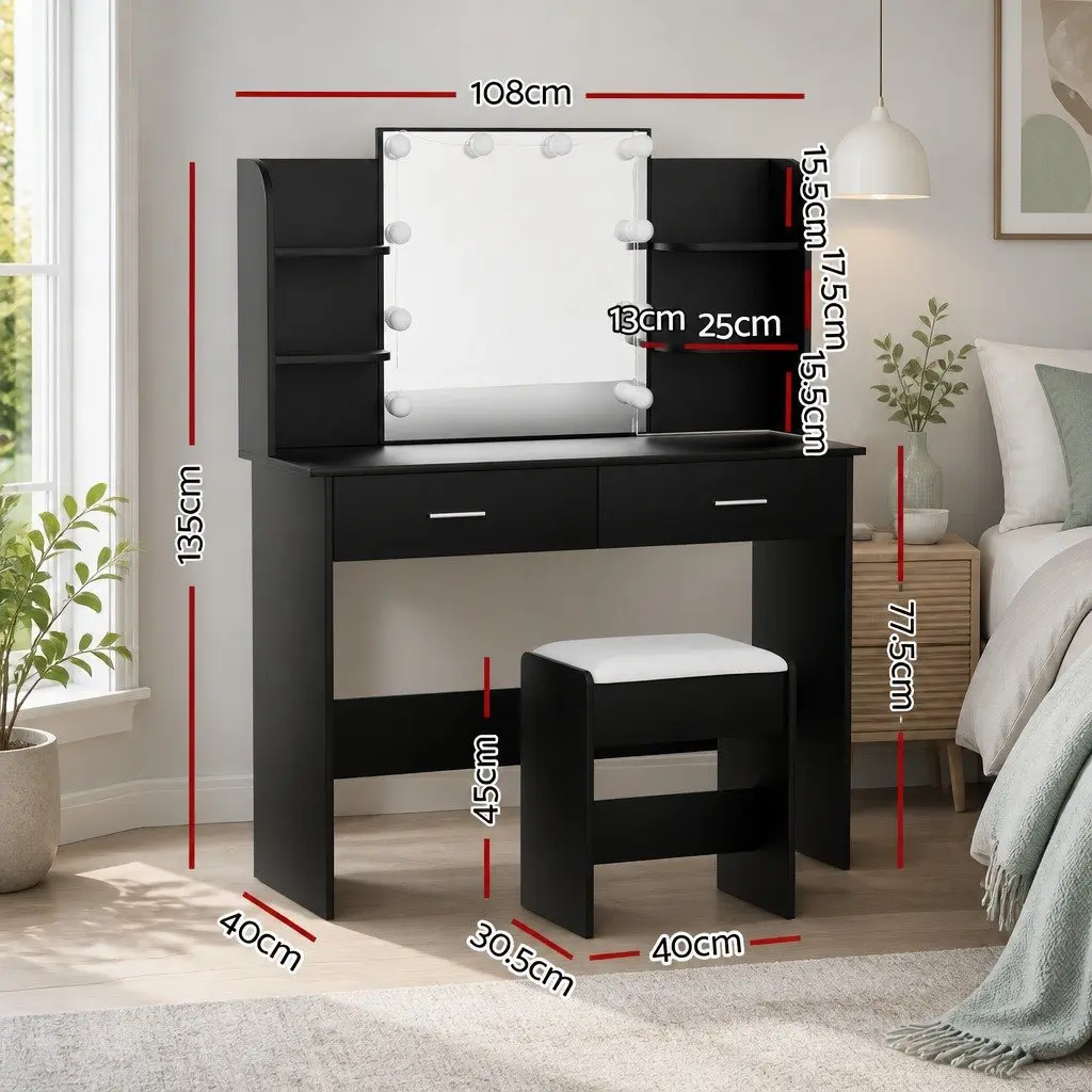 Black Dressing Table Set with LED Mirror and Stool