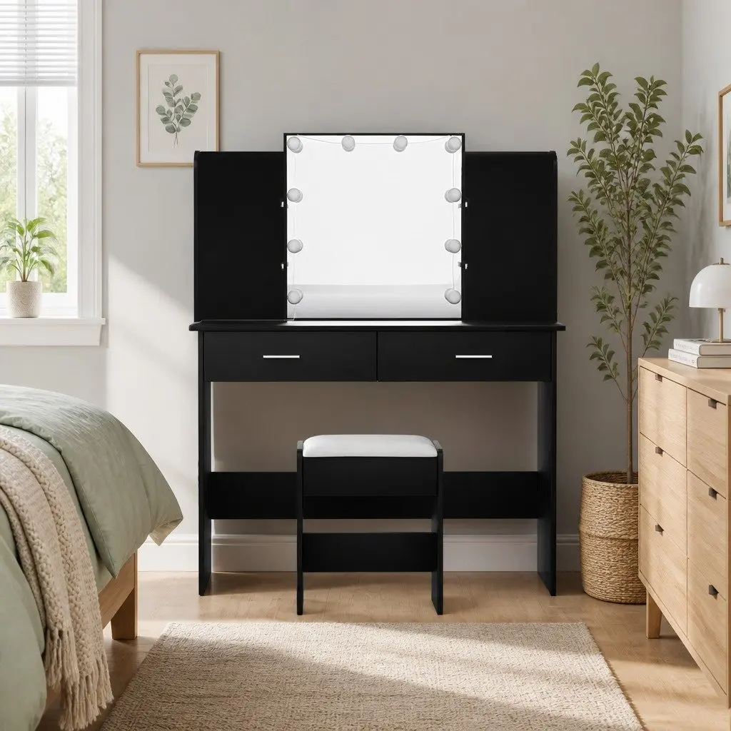 Black Dressing Table Set with LED Mirror and Stool