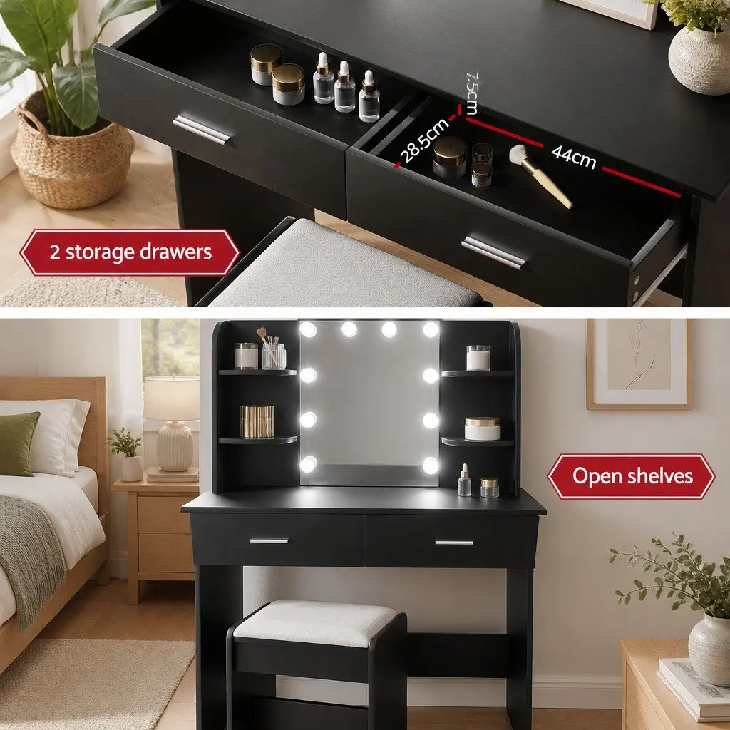 Black Dressing Table Set with LED Mirror and Stool