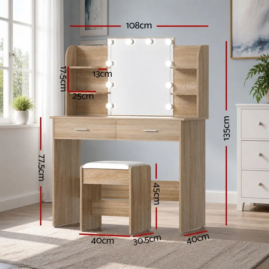 Dressing Table Set MDF Natural Wood with Stool LED Bulbs Vanity Mirror Makeup Desk