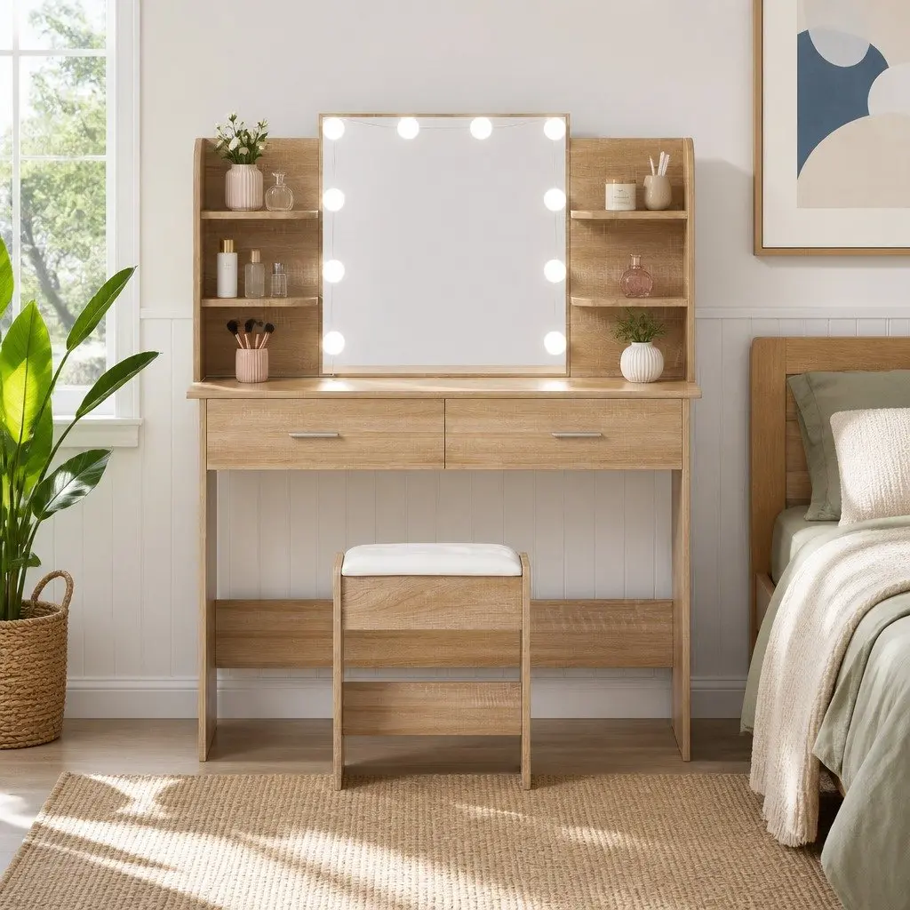 Dressing Table Set MDF Natural Wood with Stool LED Bulbs Vanity Mirror Makeup Desk