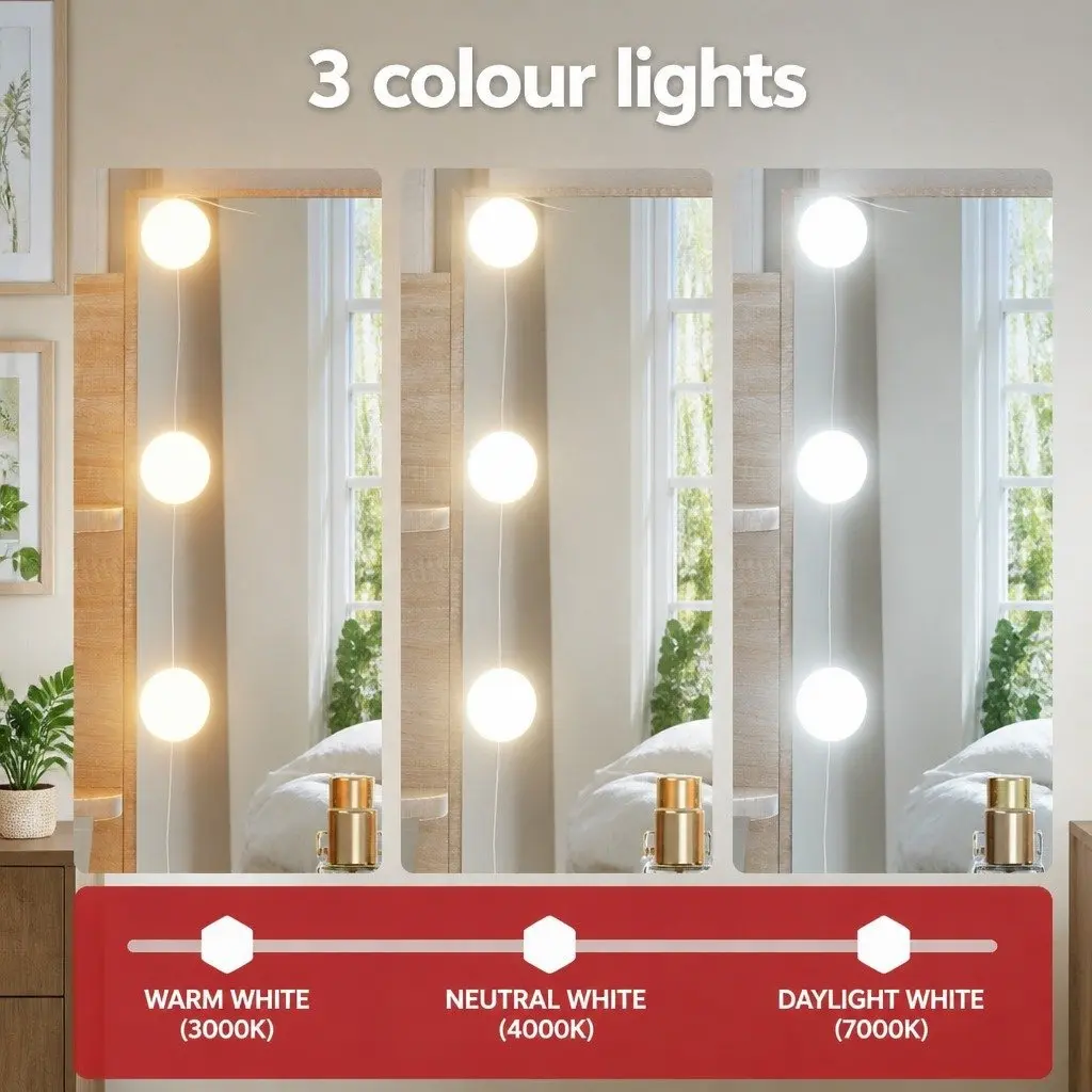 Dressing Table Set MDF Natural Wood with Stool LED Bulbs Vanity Mirror Makeup Desk