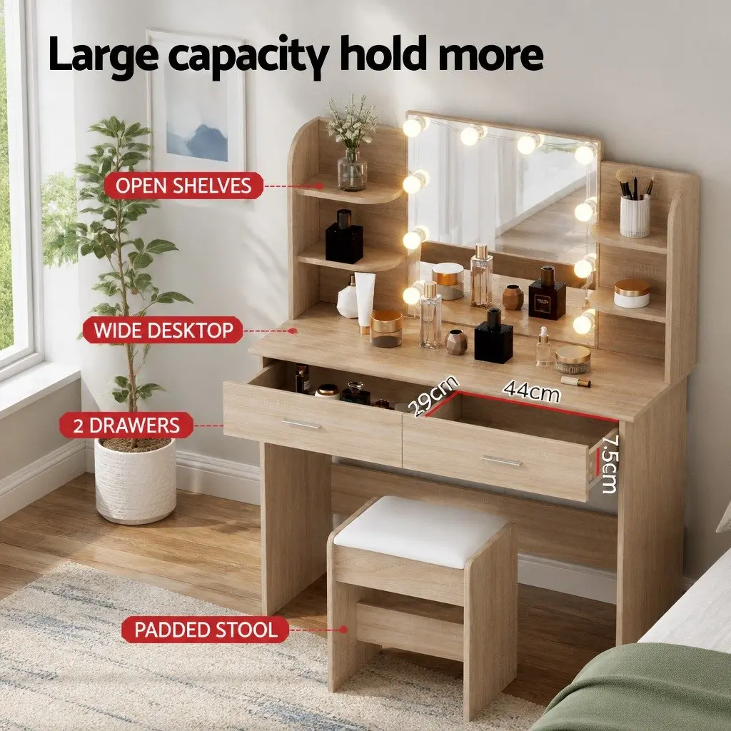 Dressing Table Set MDF Natural Wood with Stool LED Bulbs Vanity Mirror Makeup Desk