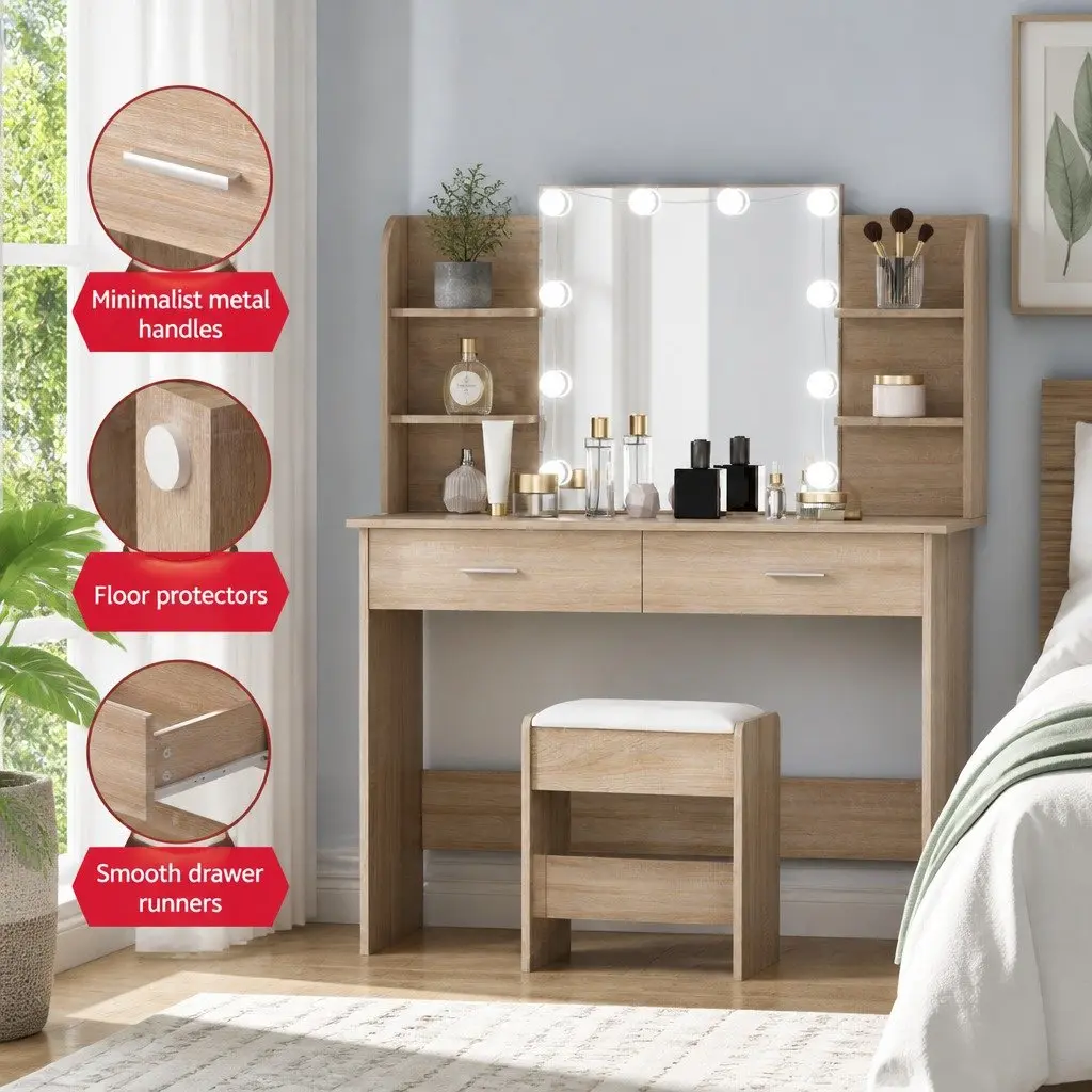 Dressing Table Set MDF Natural Wood with Stool LED Bulbs Vanity Mirror Makeup Desk