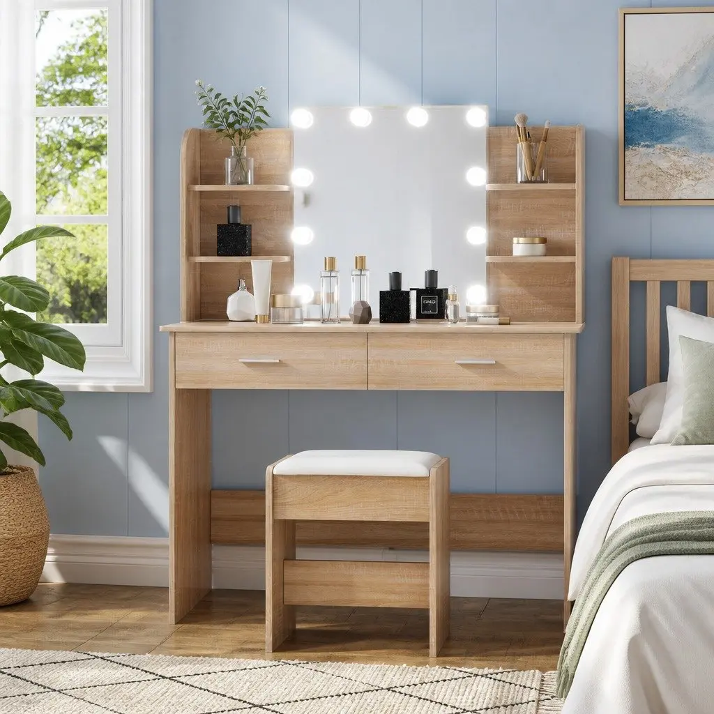 Dressing Table Set MDF Natural Wood with Stool LED Bulbs Vanity Mirror Makeup Desk
