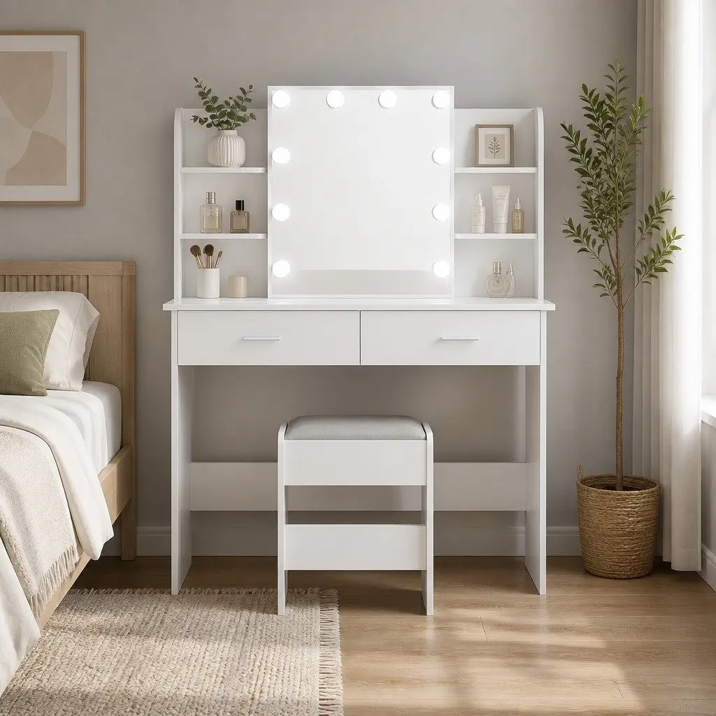 Hollywood Dressing Table with LED Bulbs and Stool