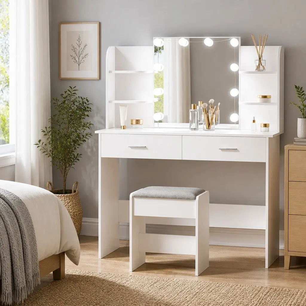 Hollywood Dressing Table with LED Bulbs and Stool