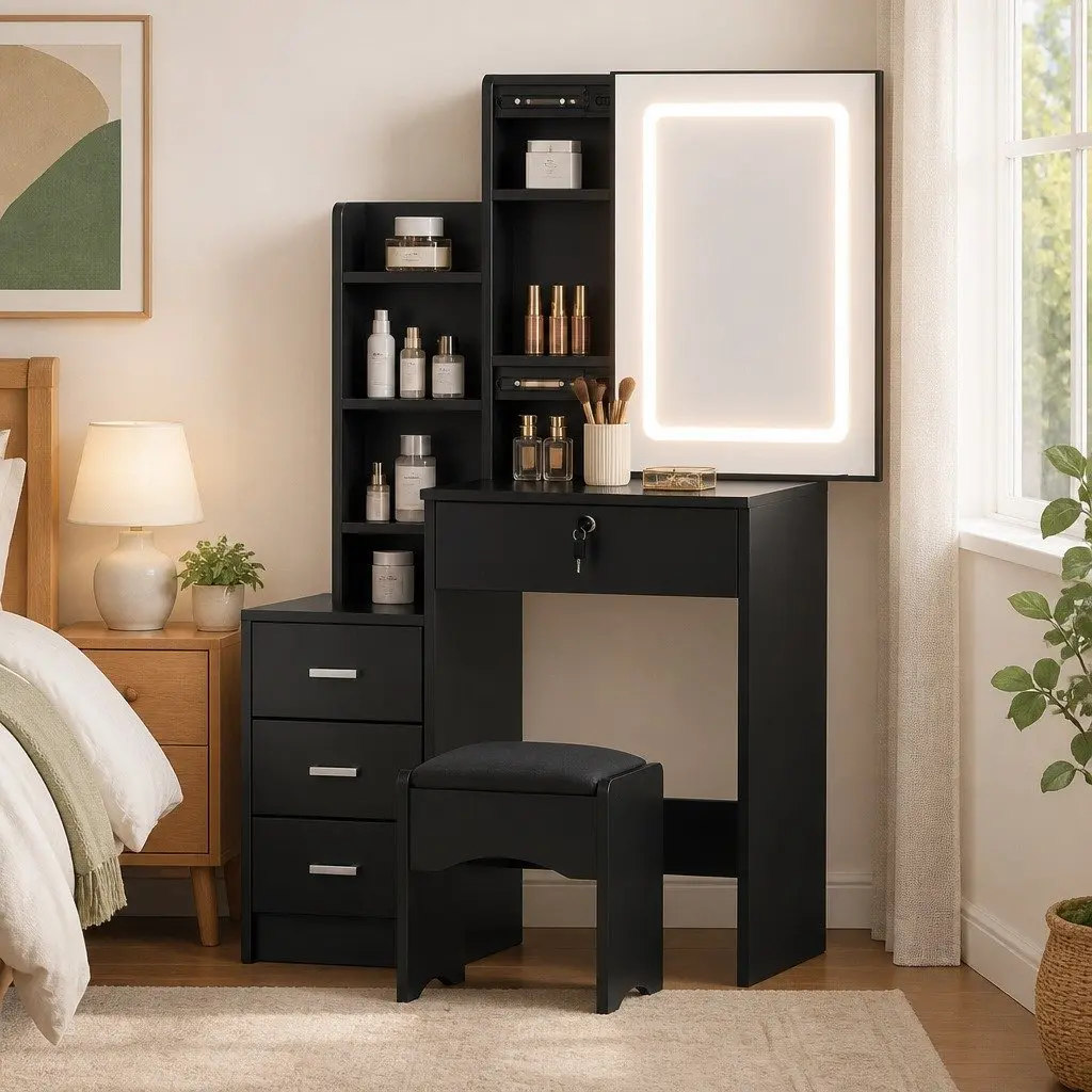 Black Dressing Table with LED Mirror and Stool