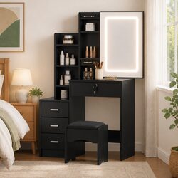 Dressing Table Vanity Desk with LED Lights Mirror Stool Black Bedroom Furniture