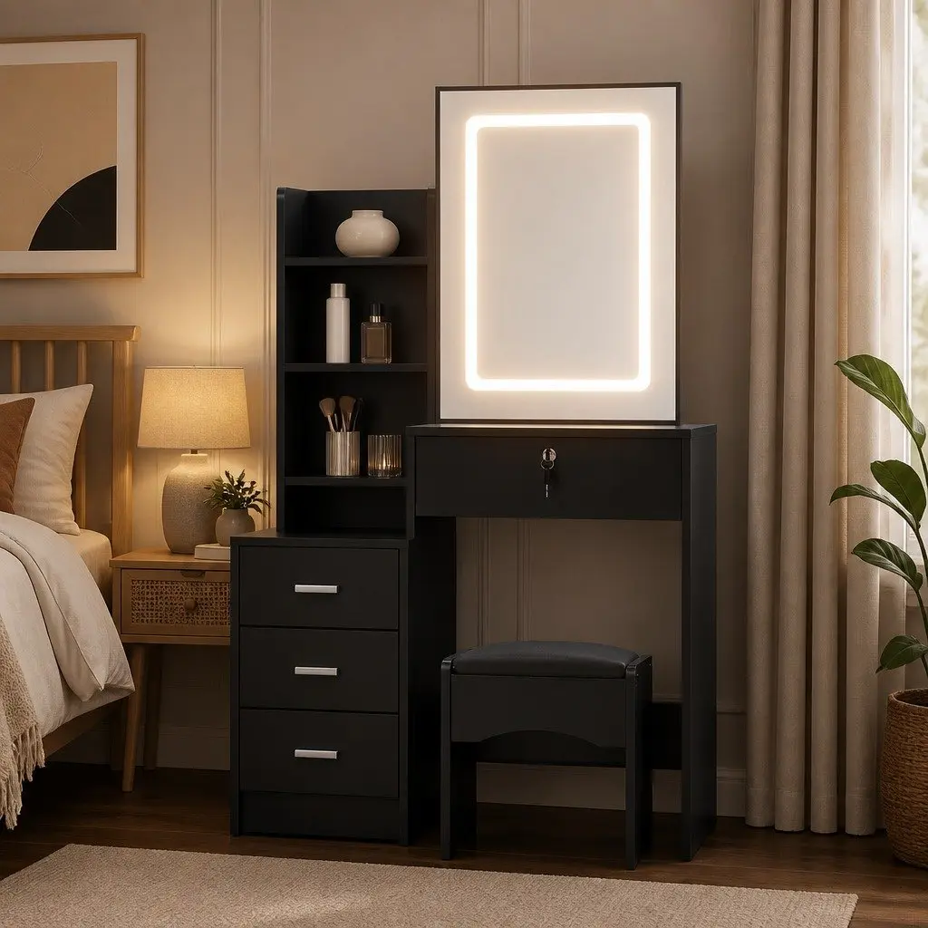 Dressing Table Vanity Desk MDF Black 80cm with LED Lights Mirror Stool