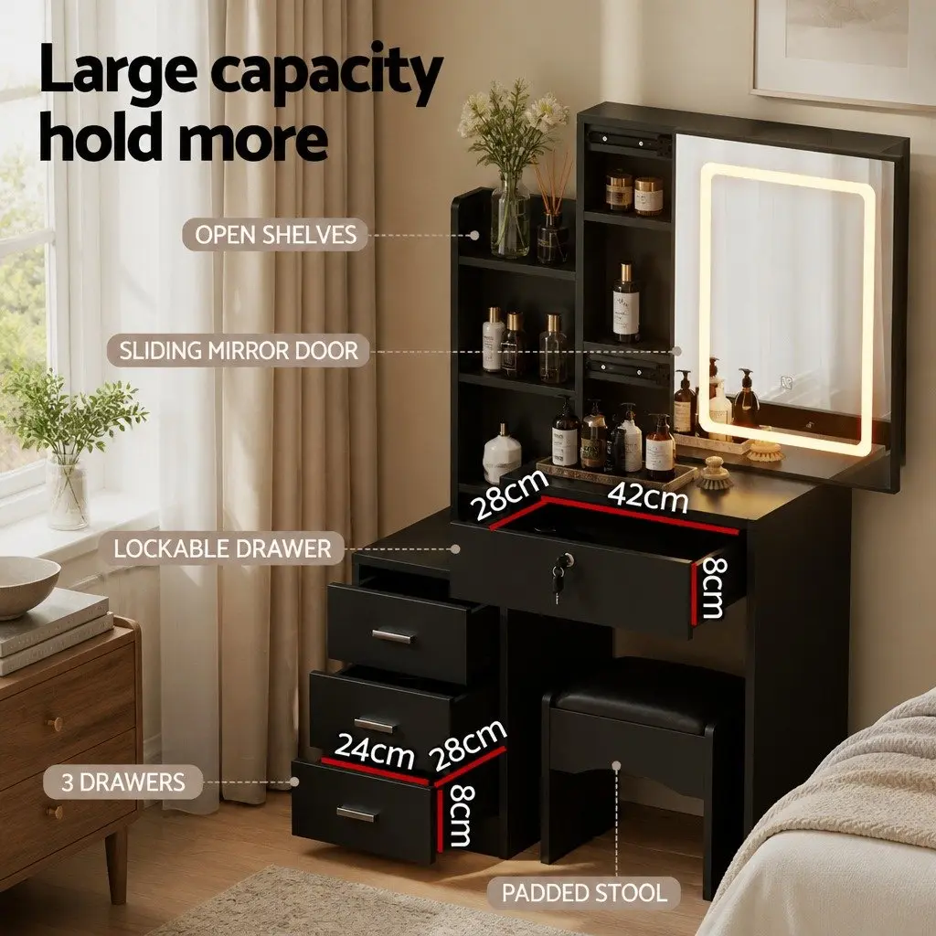 Dressing Table Vanity Desk MDF Black 80cm with LED Lights Mirror Stool