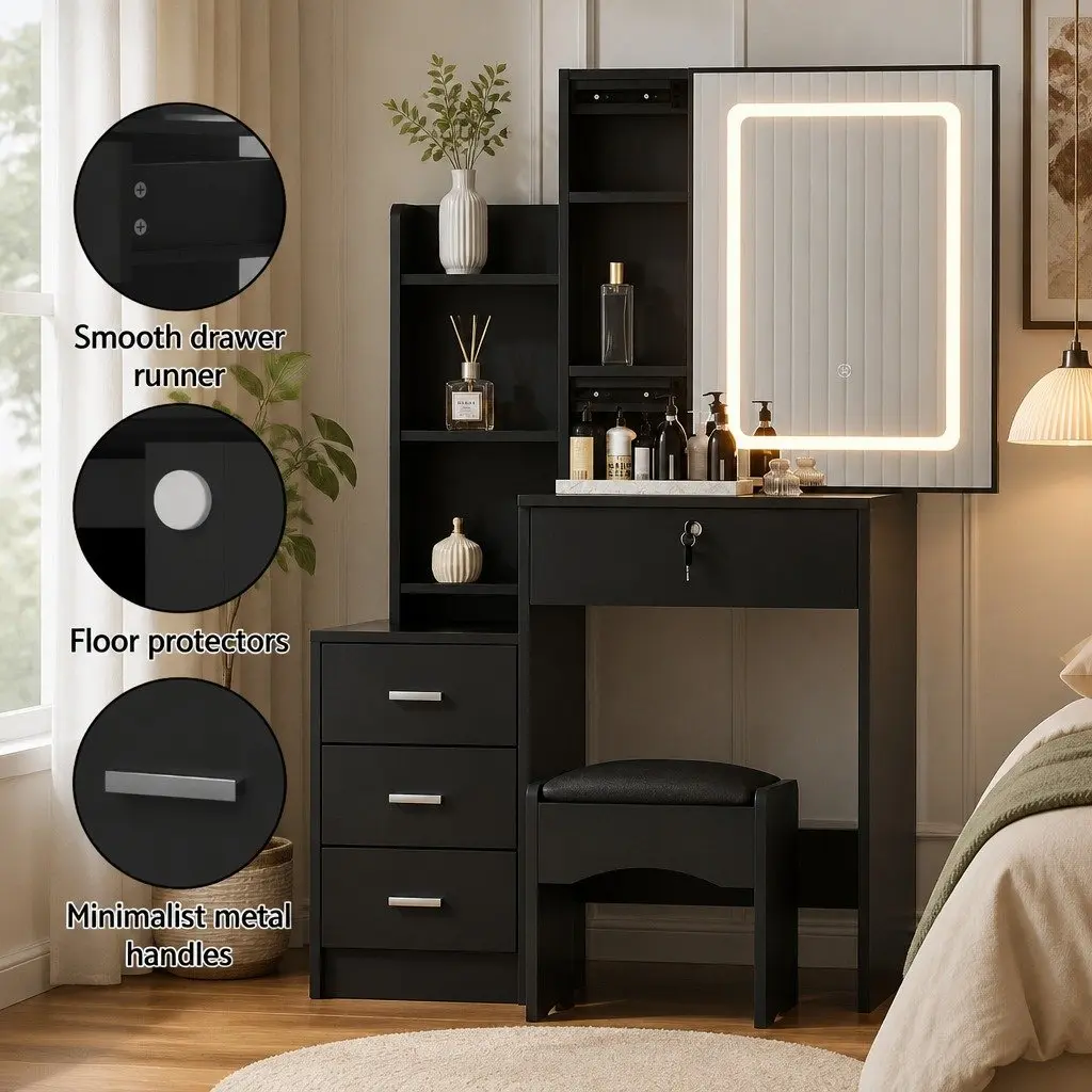 Dressing Table Vanity Desk MDF Black 80cm with LED Lights Mirror Stool