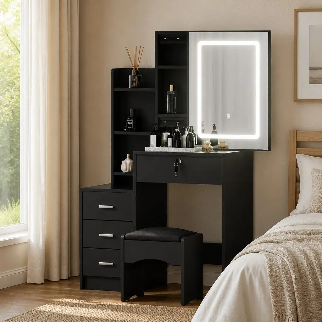 Dressing Table Vanity Desk MDF Black 80cm with LED Lights Mirror Stool