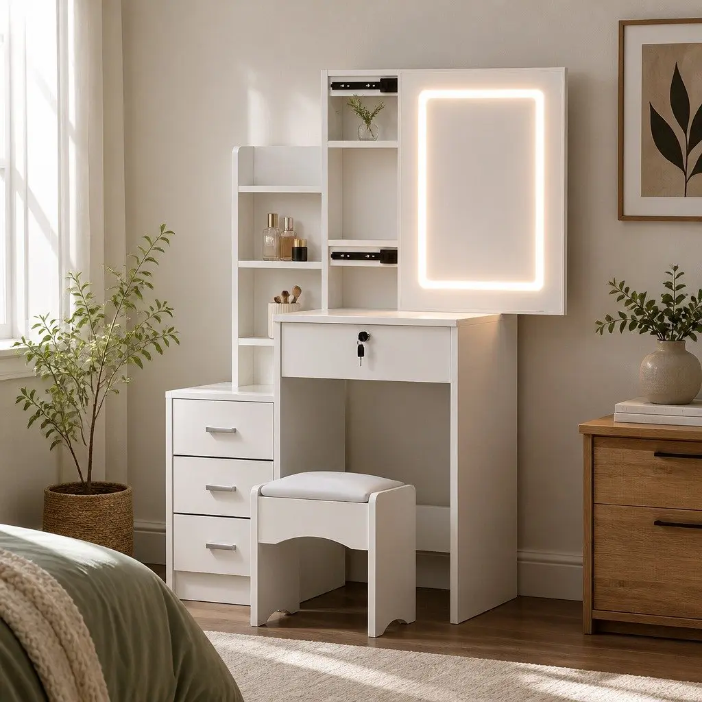 White Vanity Desk Set with Stool and LED Lights