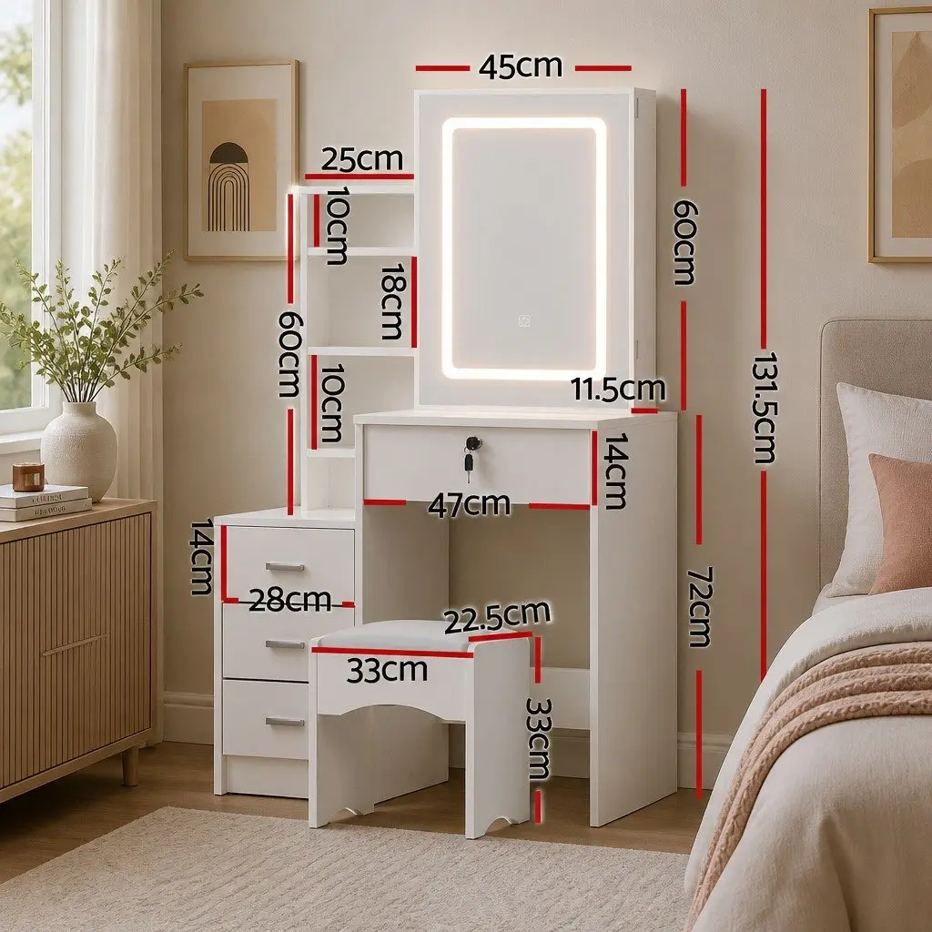 Dressing Table Vanity Desk Set White LED Lights Stool Makeup Mirror 80cm W x 36cm D x 131cm H