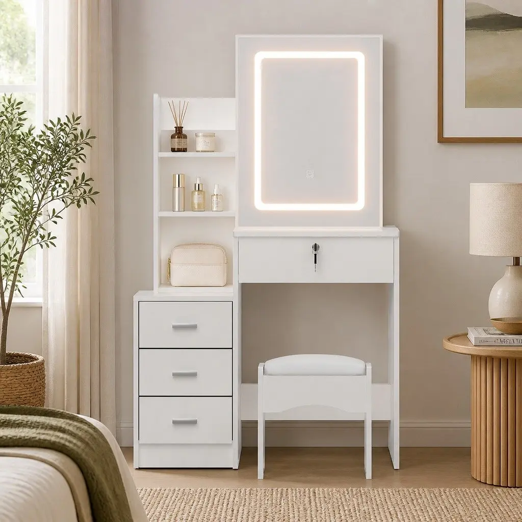 Dressing Table Vanity Desk Set White LED Lights Stool Makeup Mirror 80cm W x 36cm D x 131cm H