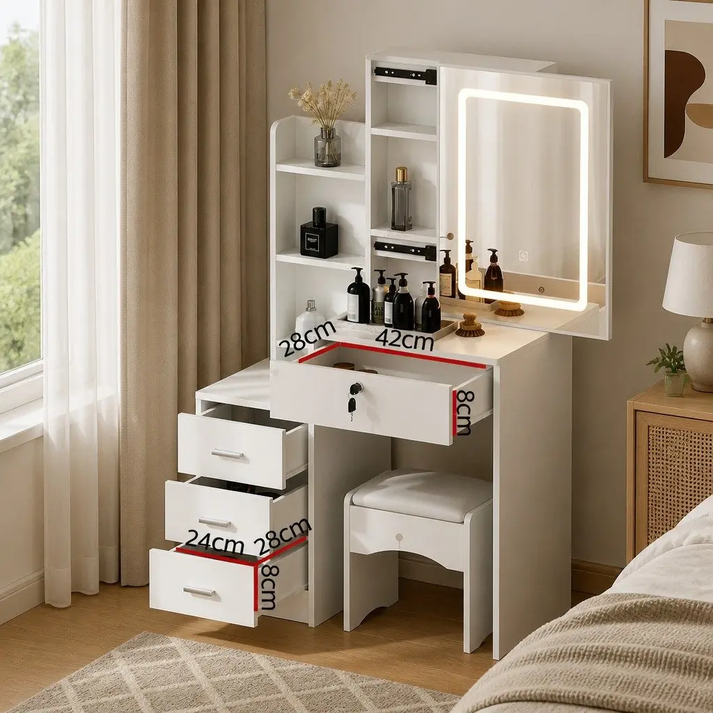 Dressing Table Vanity Desk Set White LED Lights Stool Makeup Mirror 80cm W x 36cm D x 131cm H