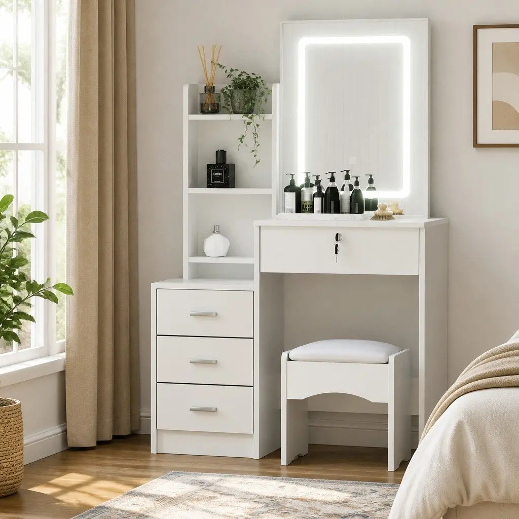 Dressing Table Vanity Desk Set White LED Lights Stool Makeup Mirror 80cm W x 36cm D x 131cm H
