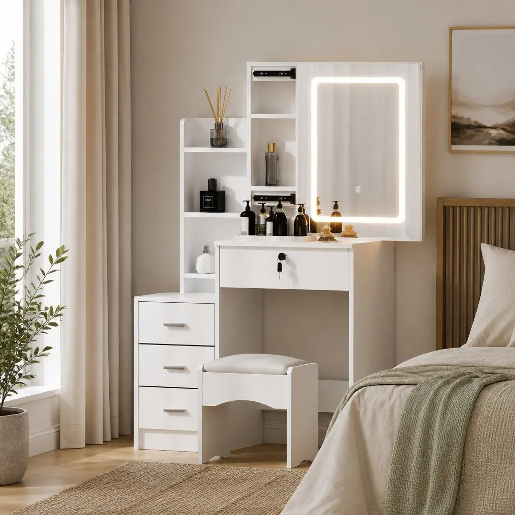 Dressing Table Vanity Desk Set White LED Lights Stool Makeup Mirror 80cm W x 36cm D x 131cm H