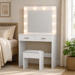 LED Dressing Table Vanity Desk with Stool 10 Bulbs 3 Colour Modes White