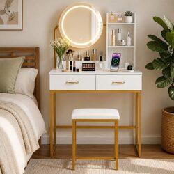 Stylish Dressing Table with LED Mirror and Charging Station