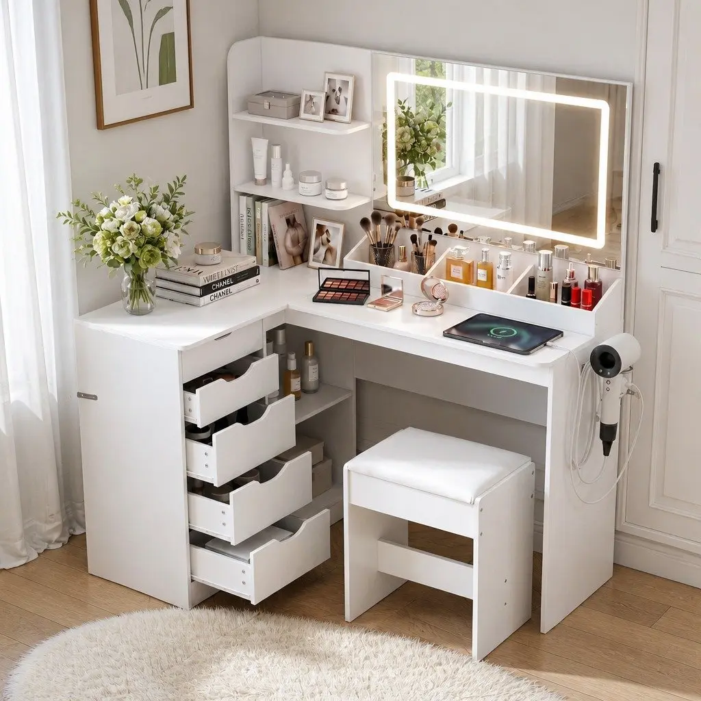 L-Shaped Dressing Table with LED Mirror and Charging Station