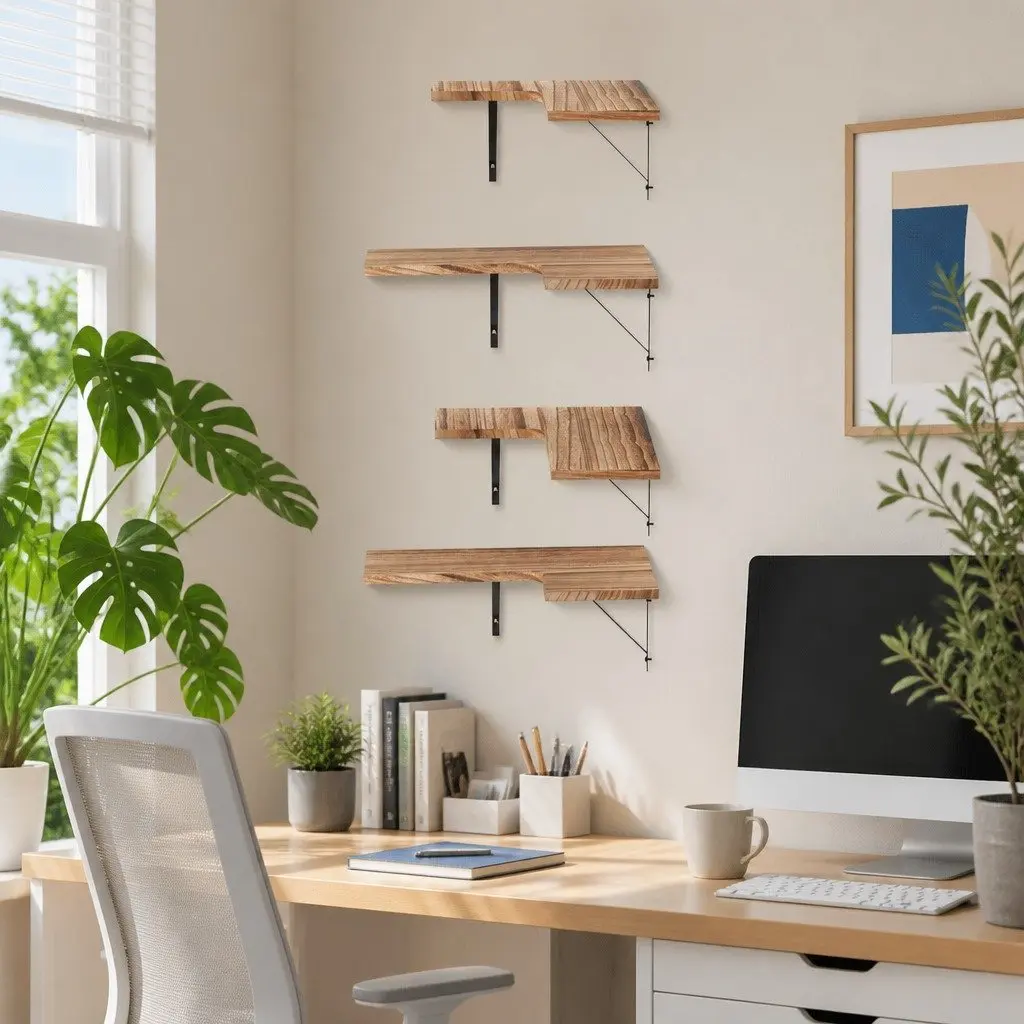 Set of 4 Oak Wood Floating Corner Shelves with Brackets