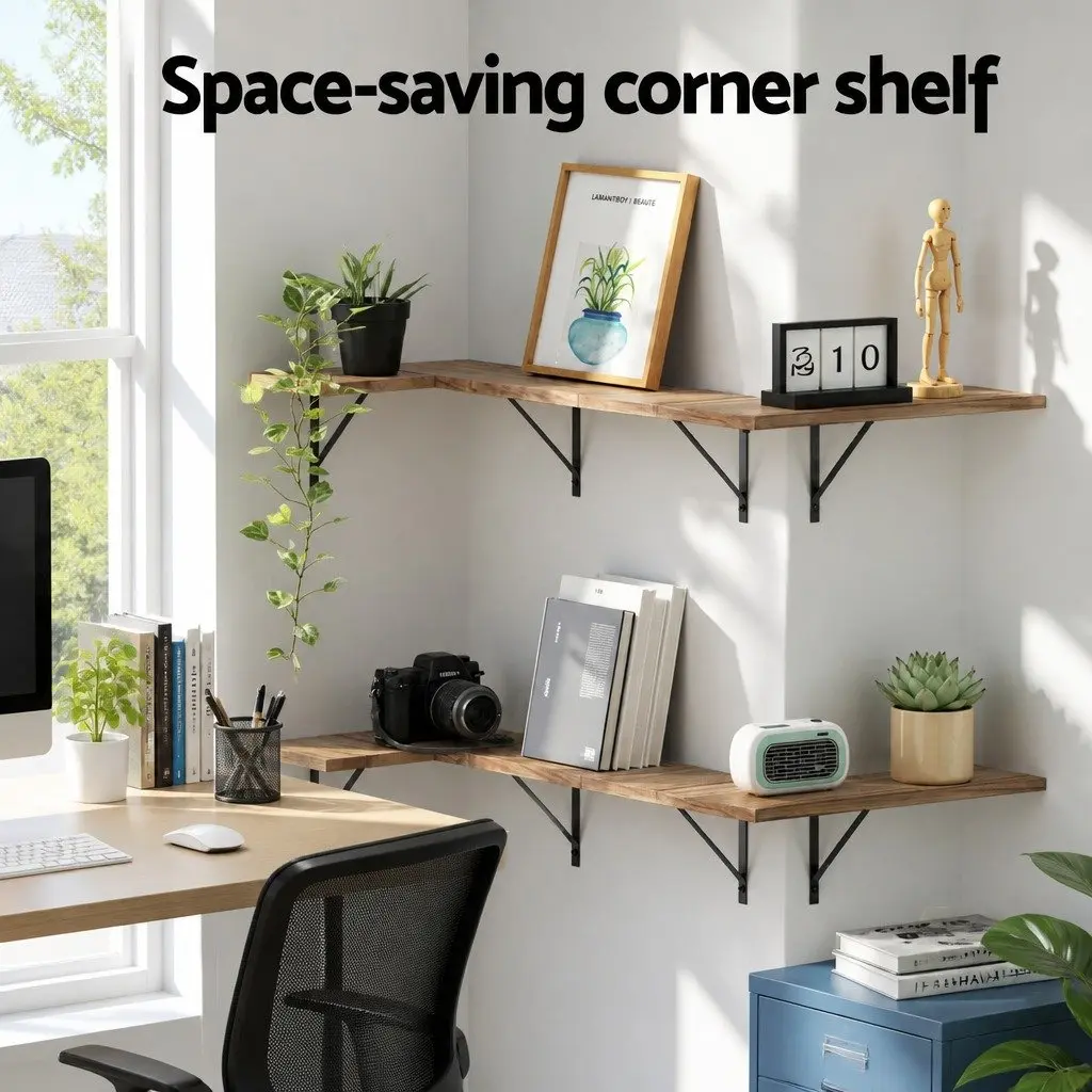 Set of 4 Oak Wood Floating Corner Shelves with Brackets